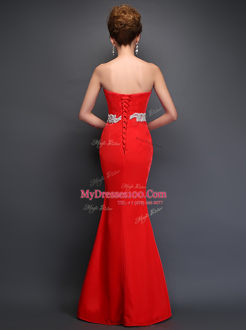 Mermaid Strapless Sleeveless Satin Prom Dresses Beading Lace Up
