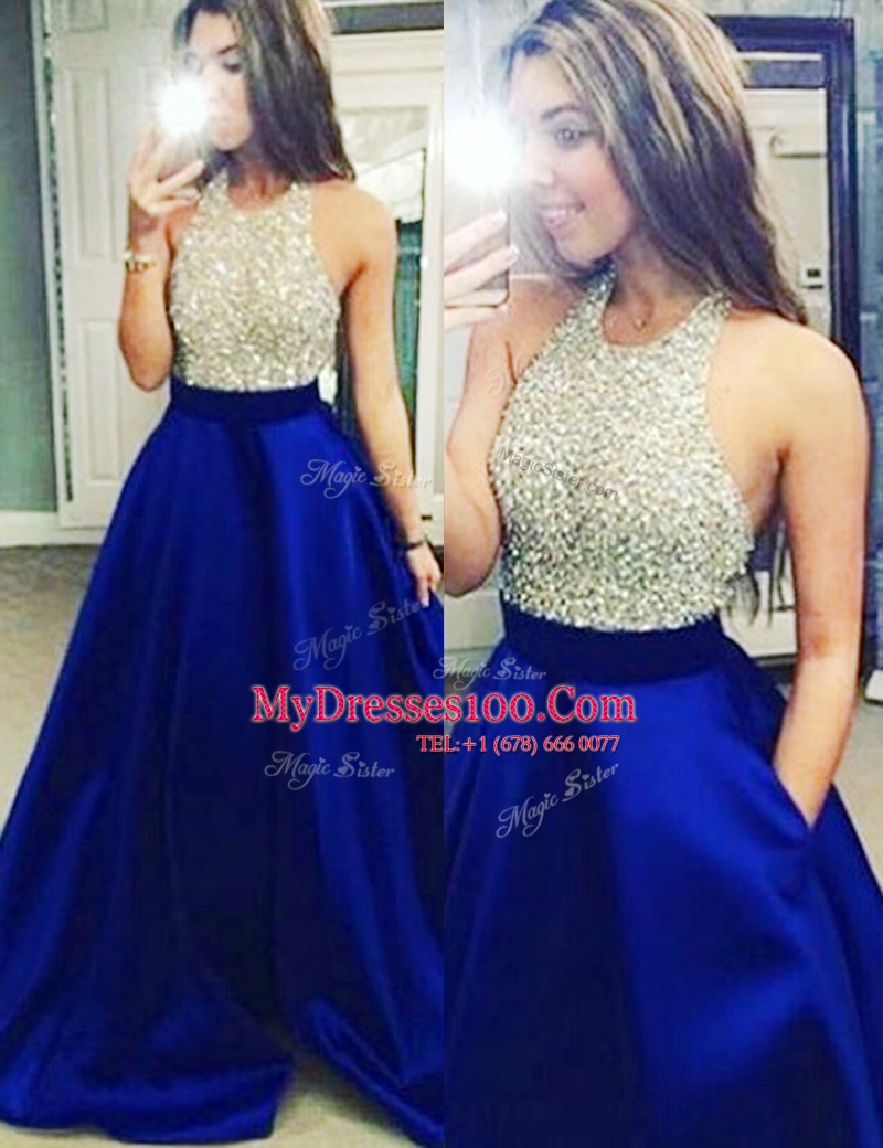 Halter Top Floor Length Backless Evening Dress Royal Blue for Prom and Party with Beading