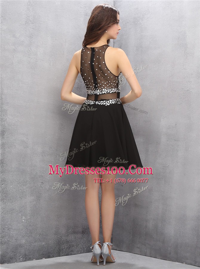 Wonderful Scoop Knee Length Black Prom Gown Chiffon Sleeveless Beading
