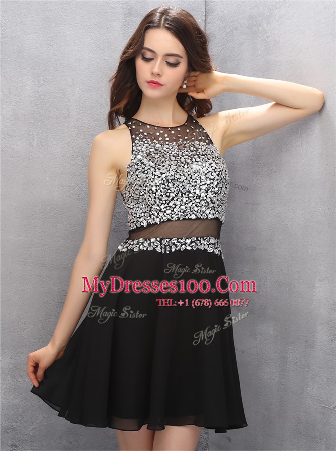 Wonderful Scoop Knee Length Black Prom Gown Chiffon Sleeveless Beading