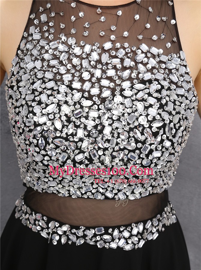 Wonderful Scoop Knee Length Black Prom Gown Chiffon Sleeveless Beading