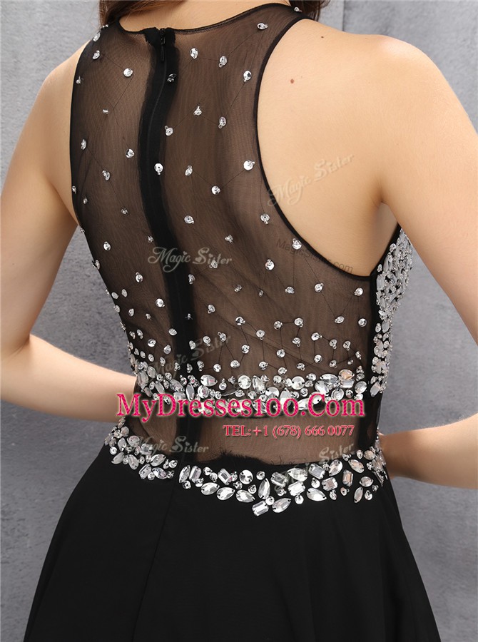 Wonderful Scoop Knee Length Black Prom Gown Chiffon Sleeveless Beading