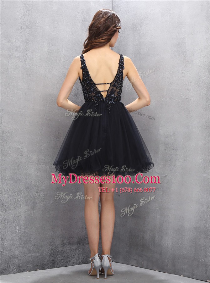 Modest Square Black Sleeveless Beading Mini Length Prom Evening Gown