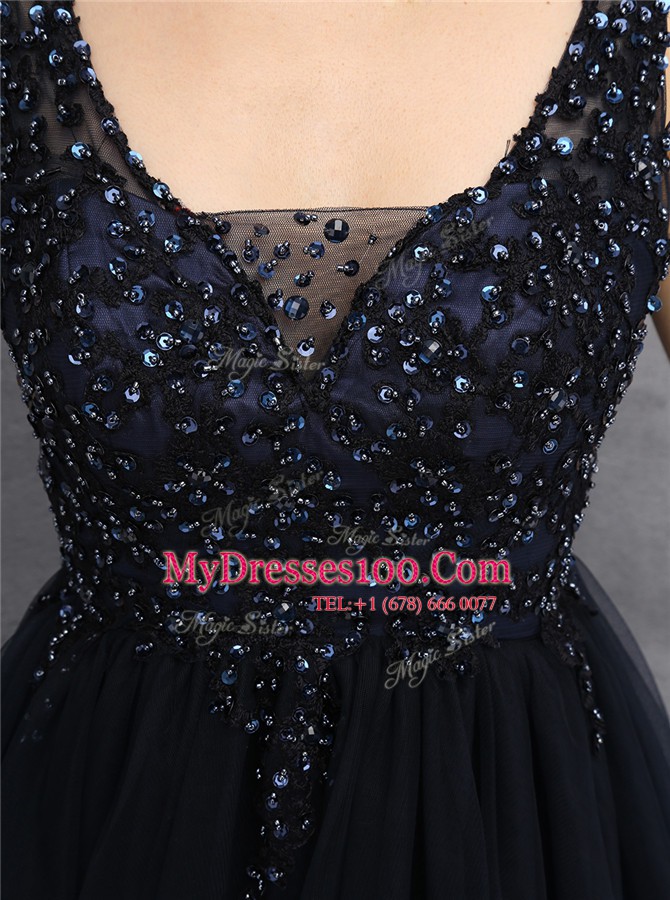 Modest Square Black Sleeveless Beading Mini Length Prom Evening Gown
