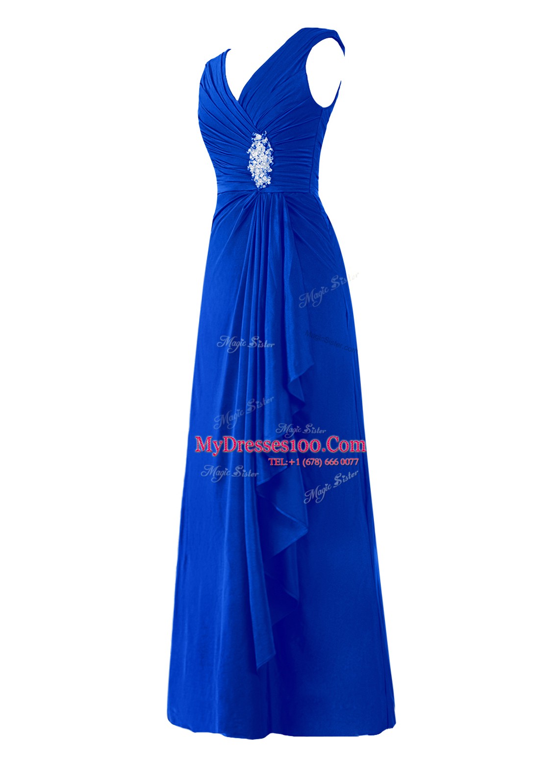 Colorful Royal Blue Chiffon Zipper Sleeveless Floor Length Beading