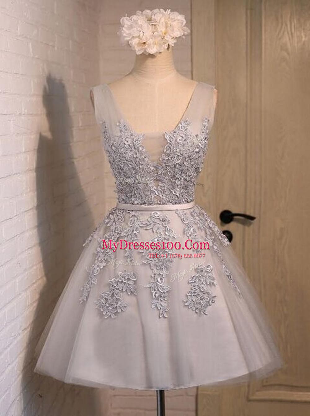 Charming Grey A-line Beading and Appliques Club Wear Lace Up Organza Sleeveless Mini Length