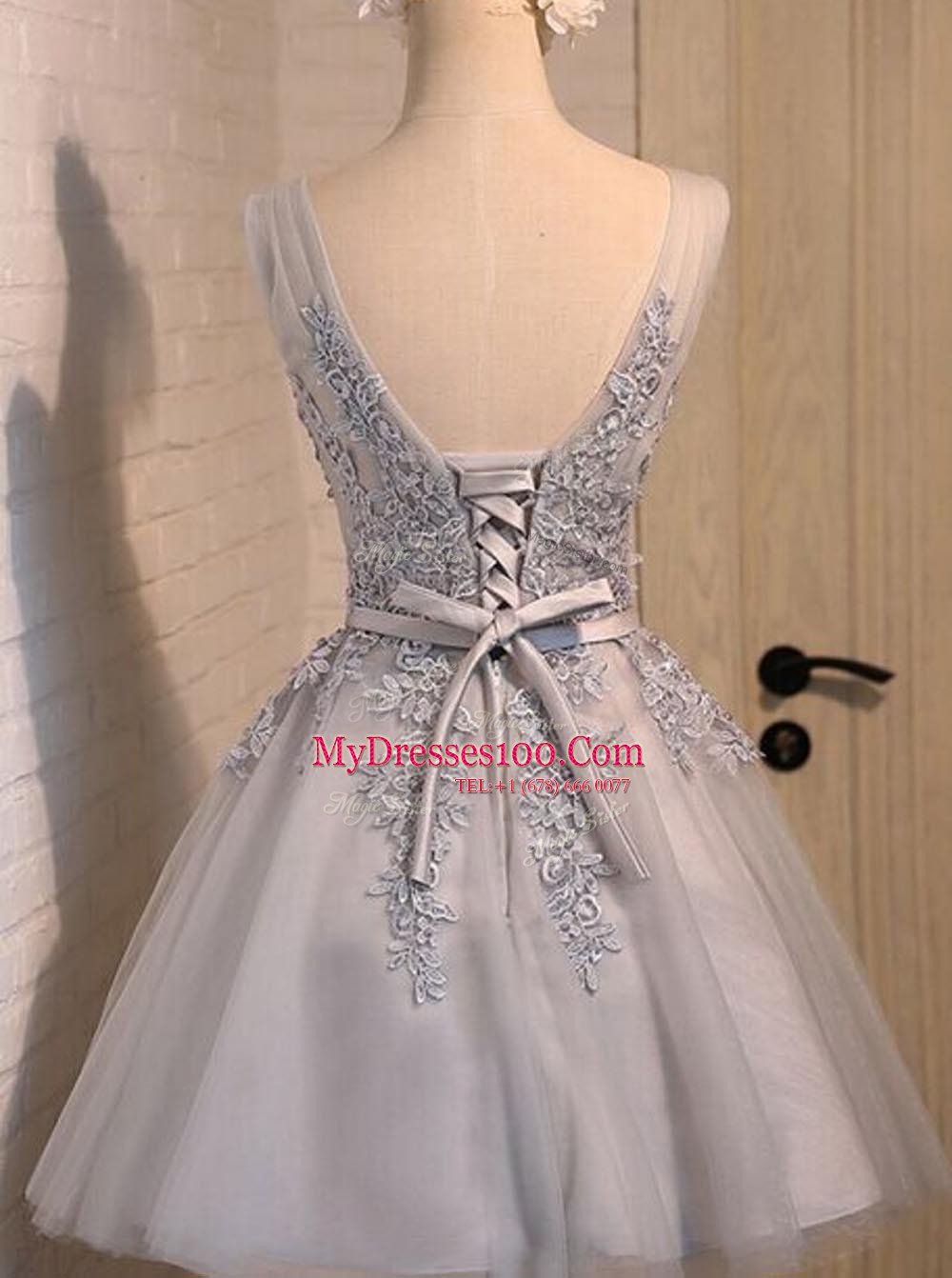 Charming Grey A-line Beading and Appliques Club Wear Lace Up Organza Sleeveless Mini Length