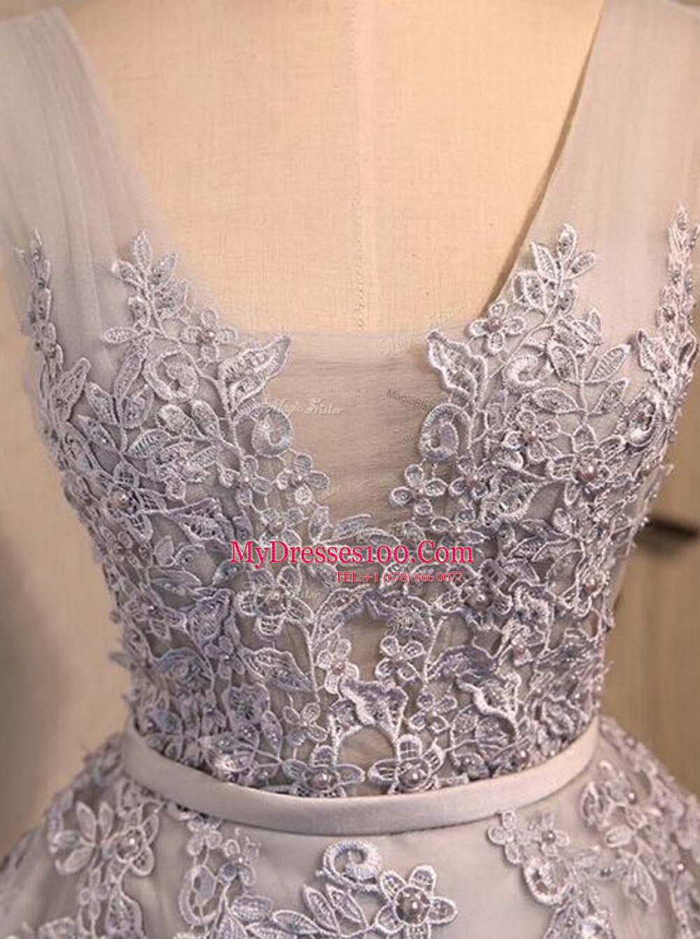 Charming Grey A-line Beading and Appliques Club Wear Lace Up Organza Sleeveless Mini Length