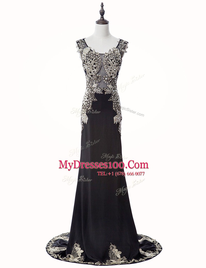 Exquisite Mermaid Scoop Beading and Appliques Prom Gown Black Zipper Sleeveless Brush Train