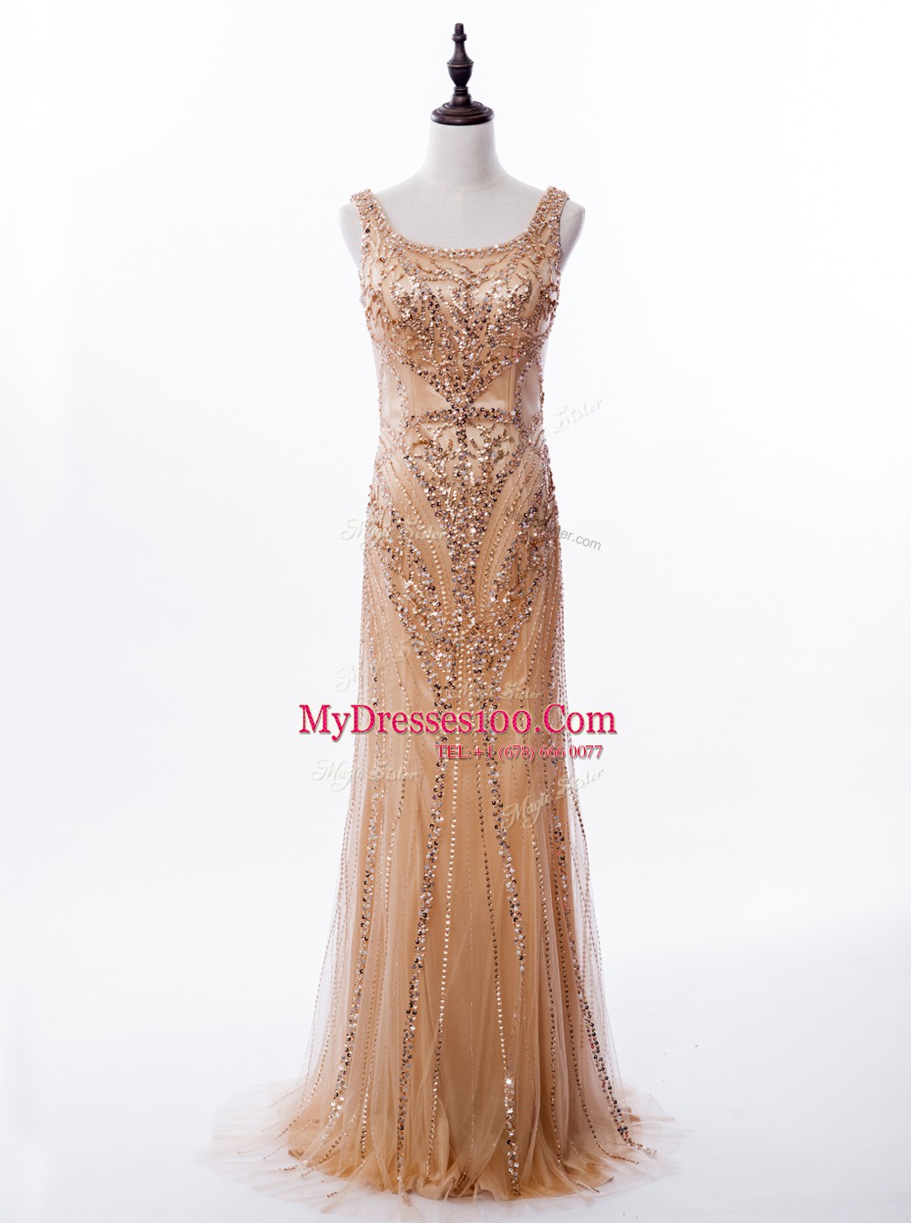 Lovely Square Sequins Mermaid Sleeveless Gold Brush Train Zipper