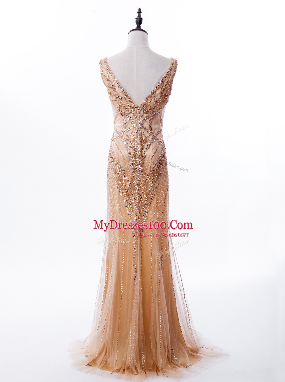 Lovely Square Sequins Mermaid Sleeveless Gold Brush Train Zipper
