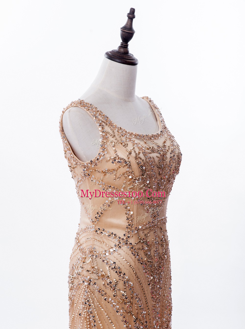 Lovely Square Sequins Mermaid Sleeveless Gold Brush Train Zipper