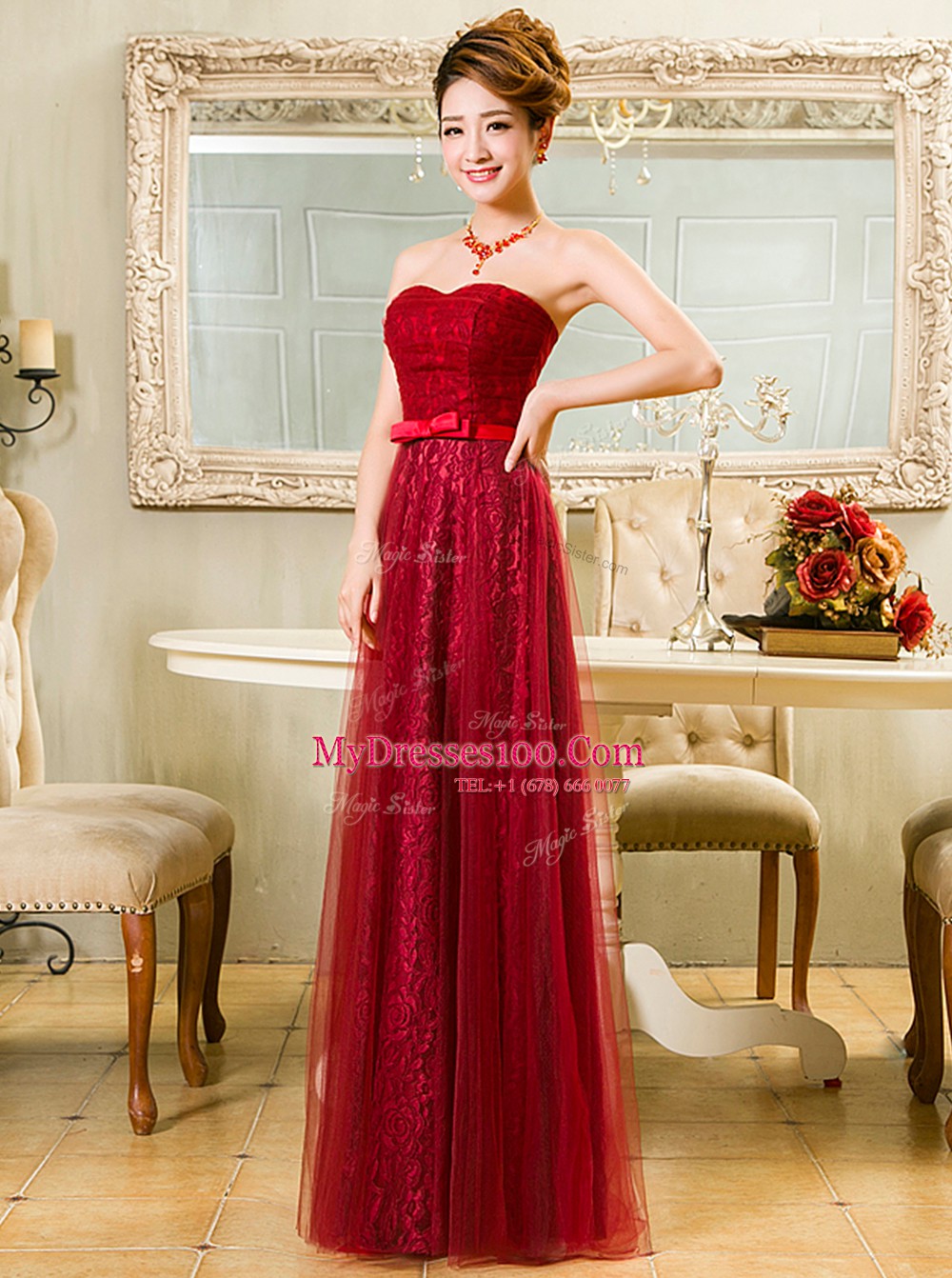 Colorful Lace Sleeveless Zipper Floor Length Belt Homecoming Dress