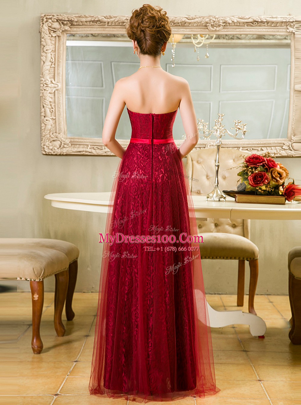 Colorful Lace Sleeveless Zipper Floor Length Belt Homecoming Dress