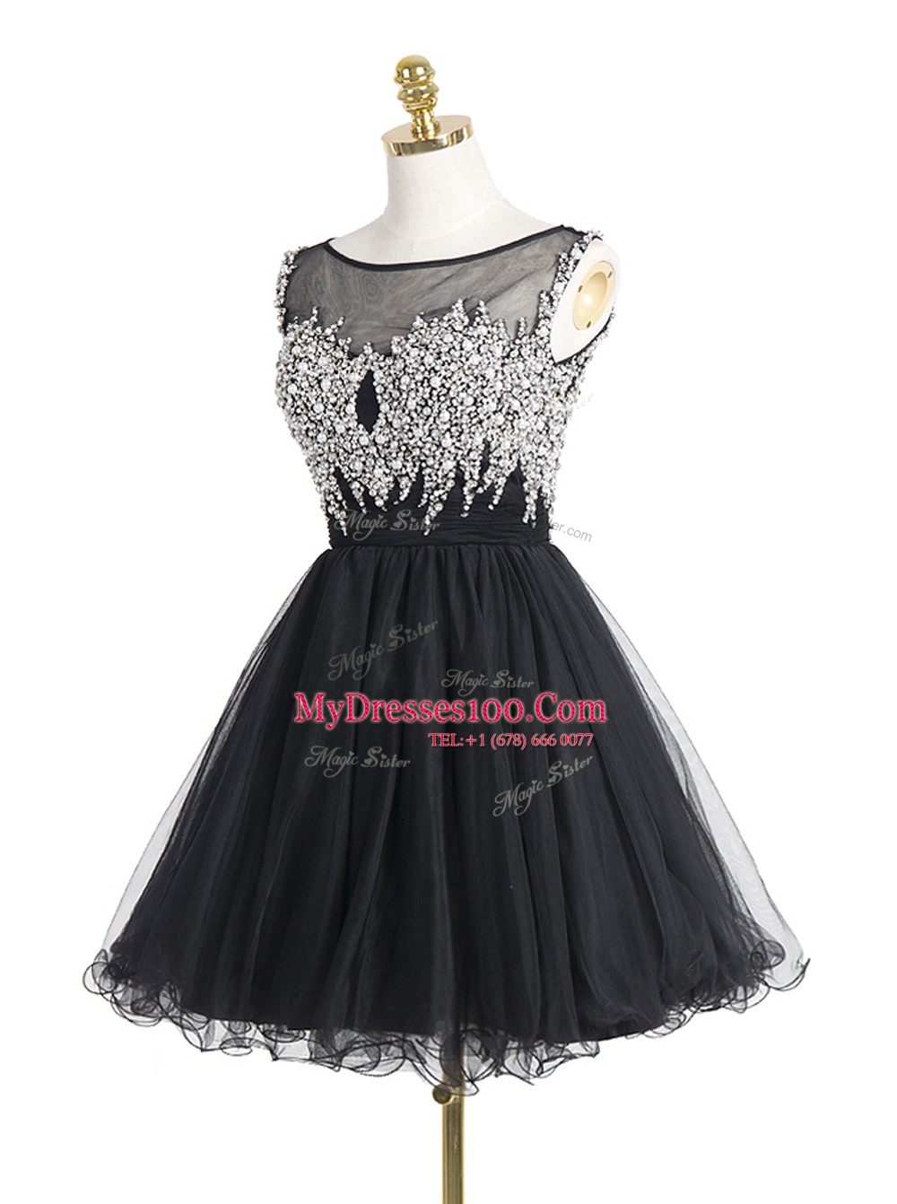 Glittering Black A-line Scoop Sleeveless Organza Mini Length Zipper Beading and Sequins Prom Gown