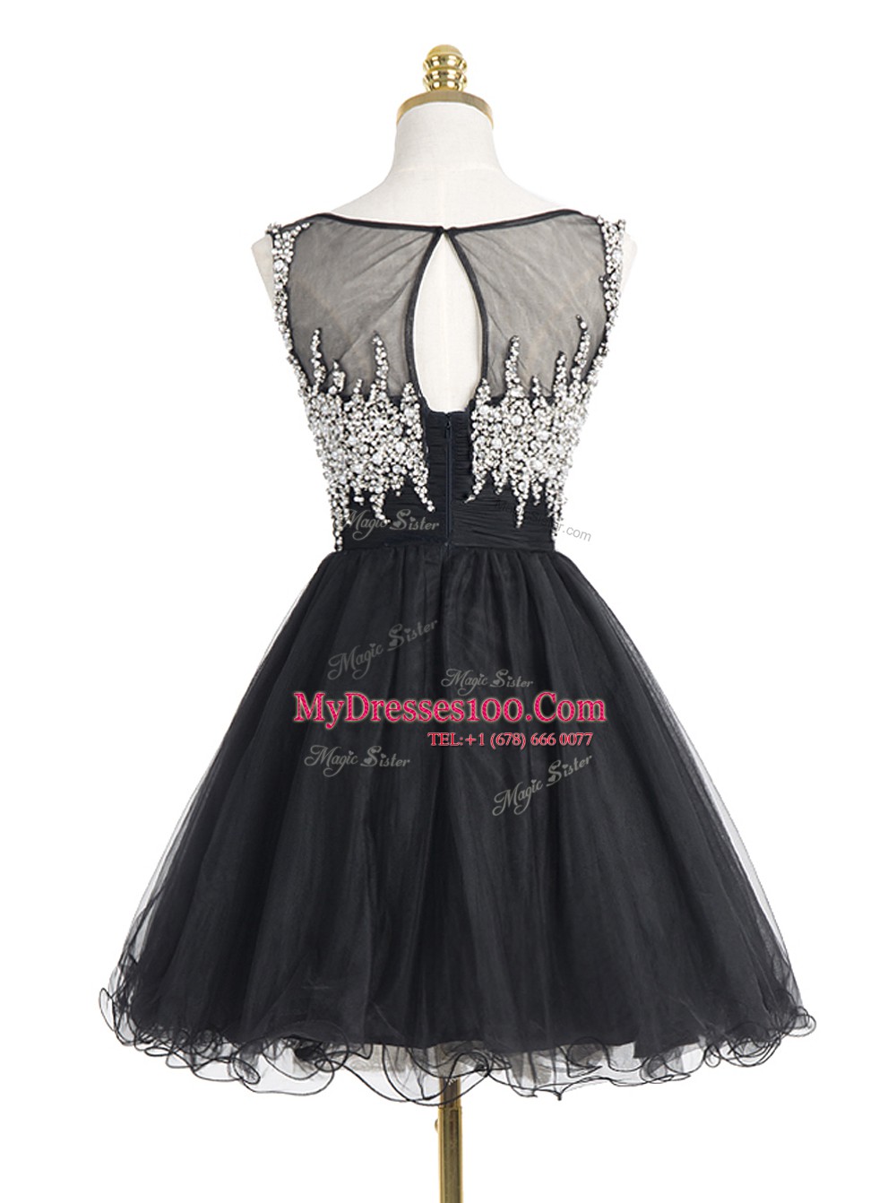 Glittering Black A-line Scoop Sleeveless Organza Mini Length Zipper Beading and Sequins Prom Gown