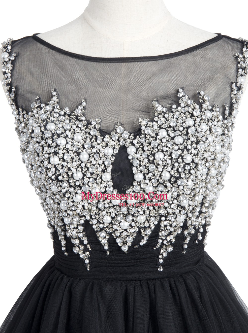 Glittering Black A-line Scoop Sleeveless Organza Mini Length Zipper Beading and Sequins Prom Gown