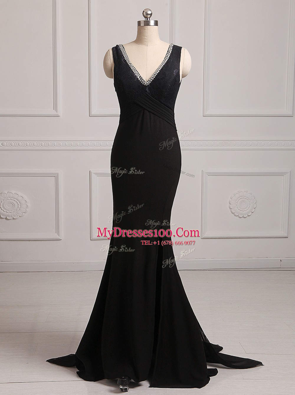 Excellent Mermaid With Train Backless Prom Dresses Black for Prom and Party with Beading Brush Train