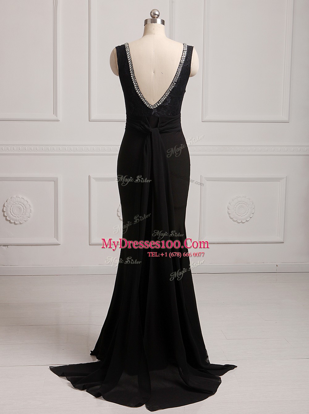 Excellent Mermaid With Train Backless Prom Dresses Black for Prom and Party with Beading Brush Train