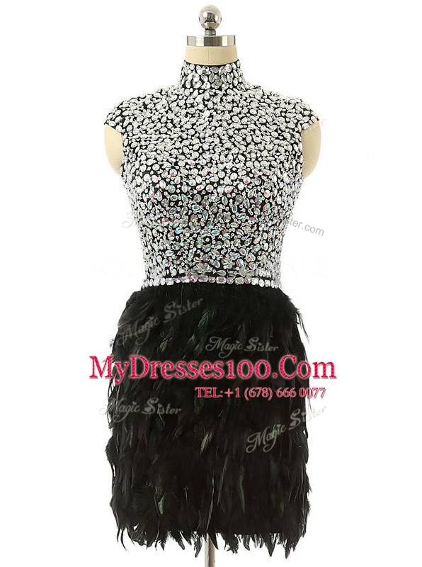Best Selling Black Cap Sleeves Knee Length Beading Zipper Homecoming Dress