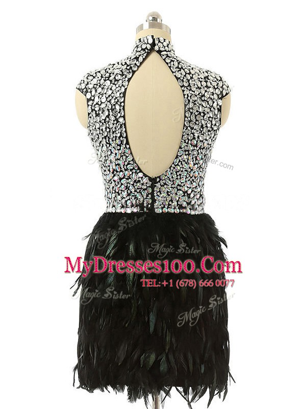Best Selling Black Cap Sleeves Knee Length Beading Zipper Homecoming Dress