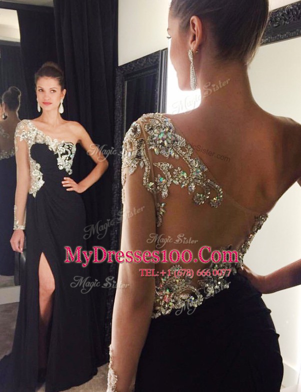 Attractive Mermaid One Shoulder Long Sleeves Sweep Train Side Zipper Evening Dress Black Chiffon