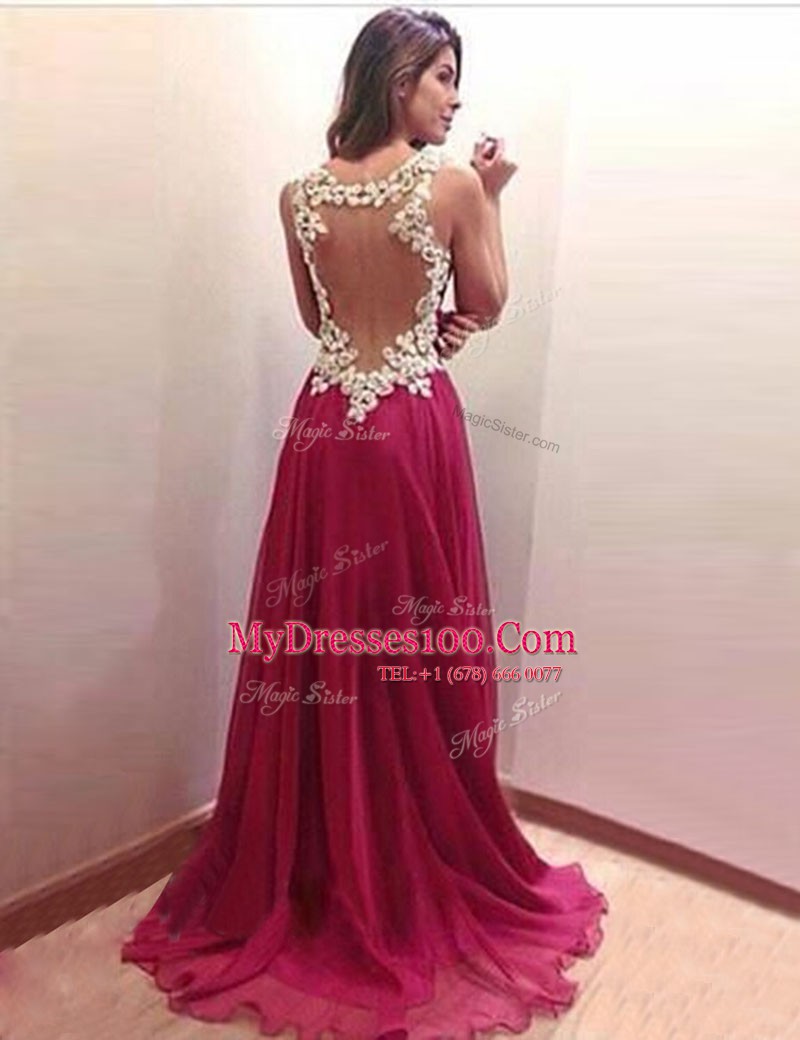 Stylish Burgundy Scoop Side Zipper Appliques Evening Dress Brush Train Sleeveless