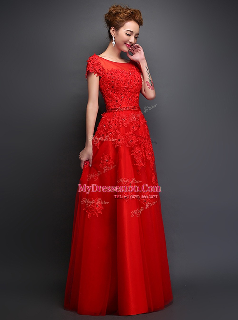 Artistic Scoop Cap Sleeves Tulle Prom Dresses Beading and Appliques Lace Up