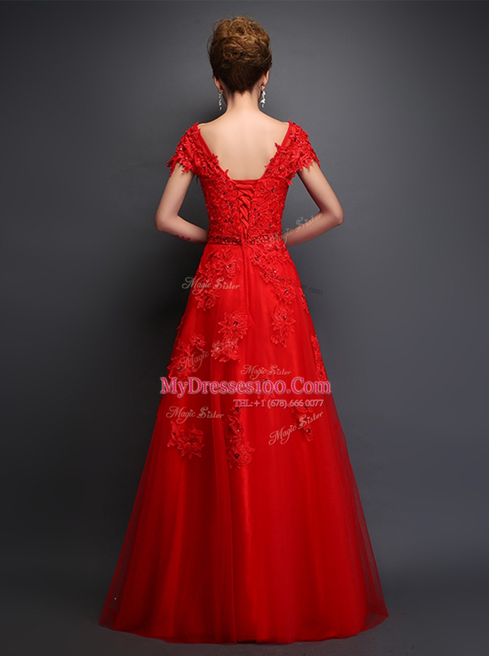 Artistic Scoop Cap Sleeves Tulle Prom Dresses Beading and Appliques Lace Up