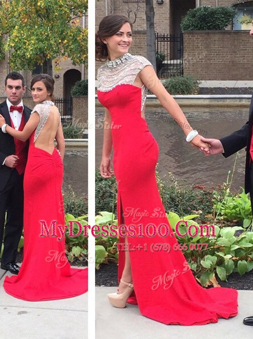 Column/Sheath Cap Sleeves Coral Red Court Train Backless