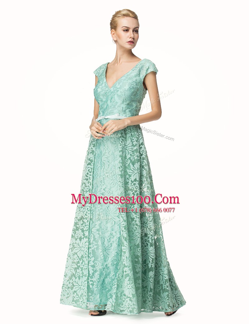 Classical Lace Turquoise V-neck Neckline Pleated Evening Dress Cap Sleeves Zipper
