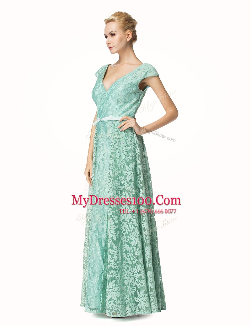 Classical Lace Turquoise V-neck Neckline Pleated Evening Dress Cap Sleeves Zipper