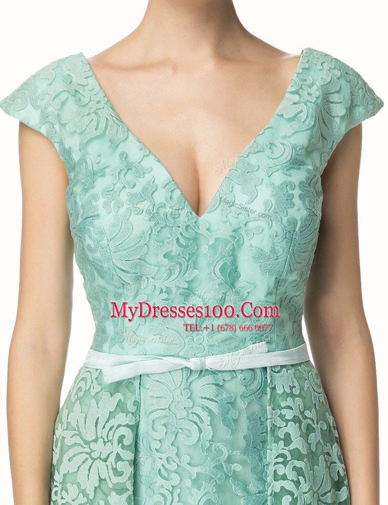 Classical Lace Turquoise V-neck Neckline Pleated Evening Dress Cap Sleeves Zipper