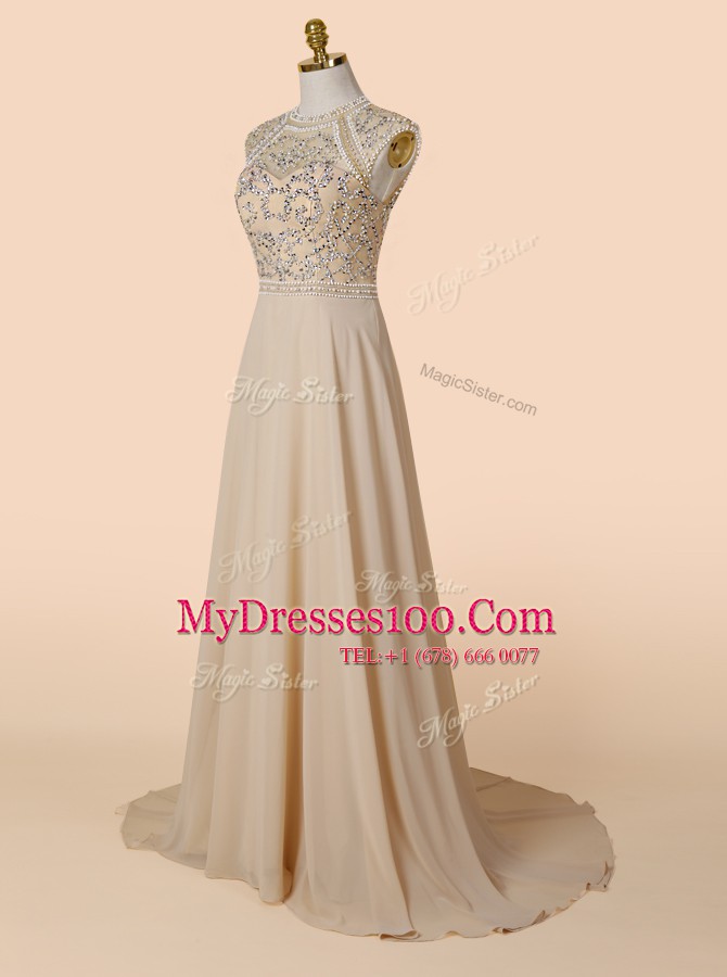 Scoop Beading Prom Evening Gown Champagne Backless Sleeveless With Brush Train