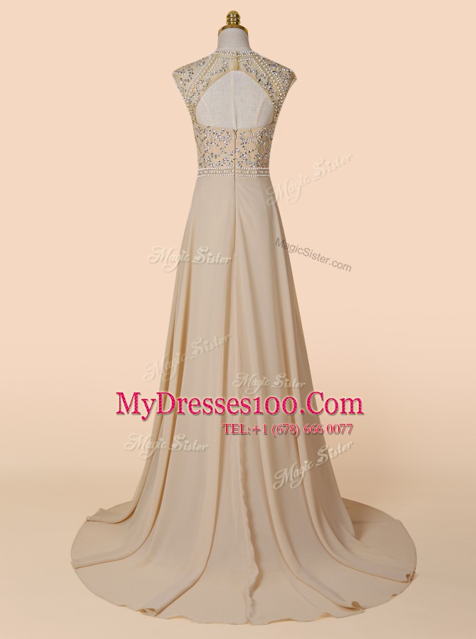 Scoop Beading Prom Evening Gown Champagne Backless Sleeveless With Brush Train
