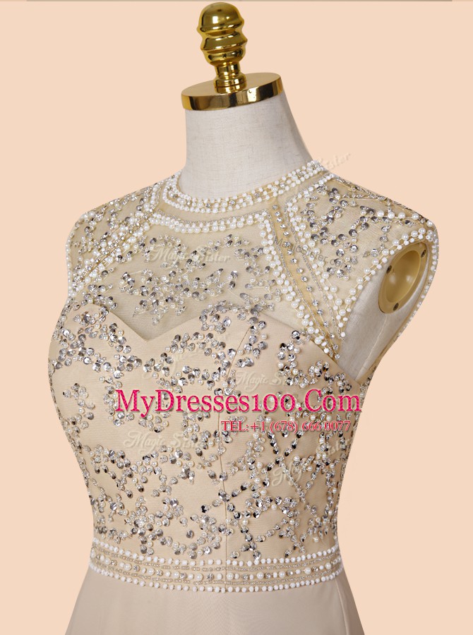 Scoop Beading Prom Evening Gown Champagne Backless Sleeveless With Brush Train
