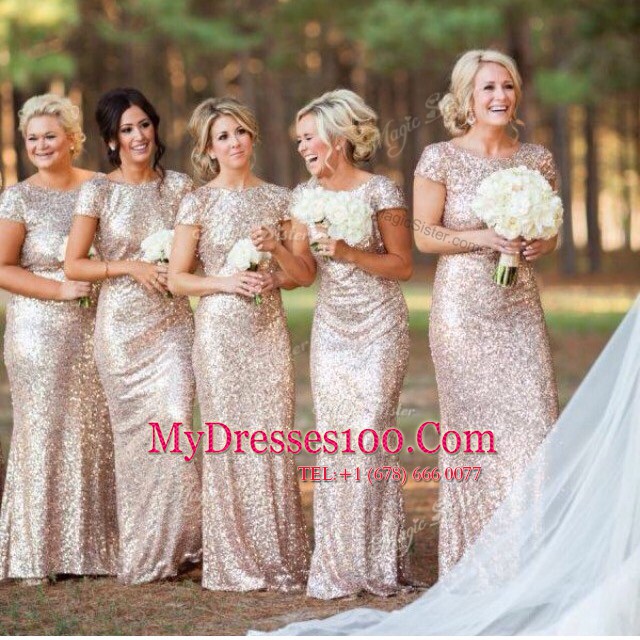 Charming Mermaid Scoop Champagne Sequined Zipper Formal Dresses Cap Sleeves Floor Length Sequins