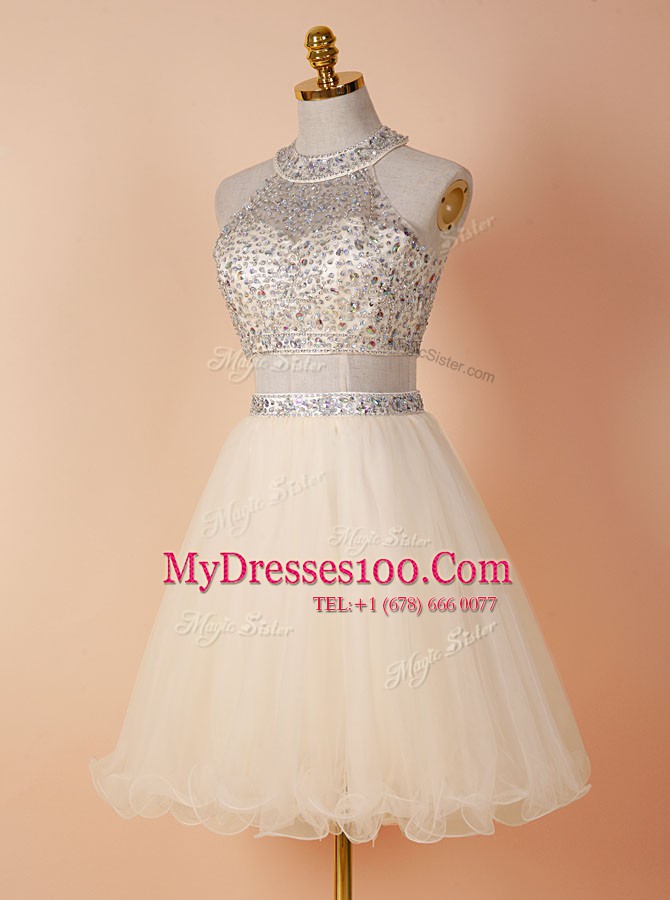 Fantastic Scoop Champagne Tulle Backless Evening Gowns Sleeveless Knee Length Beading