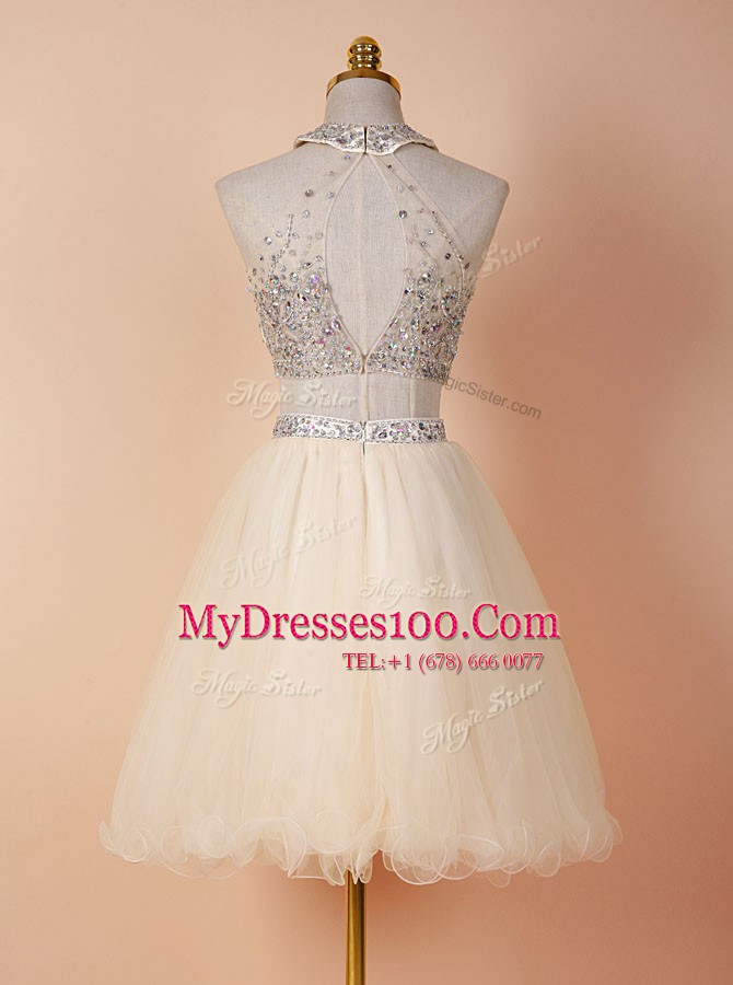 Fantastic Scoop Champagne Tulle Backless Evening Gowns Sleeveless Knee Length Beading