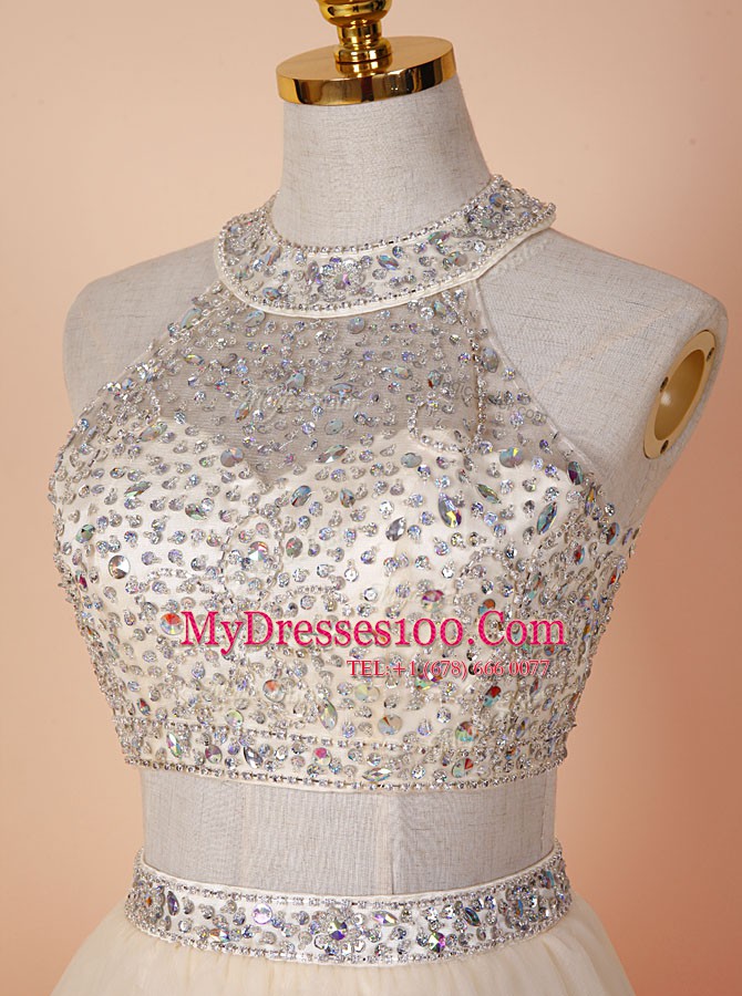 Fantastic Scoop Champagne Tulle Backless Evening Gowns Sleeveless Knee Length Beading
