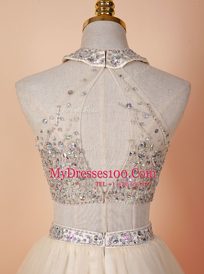 Fantastic Scoop Champagne Tulle Backless Evening Gowns Sleeveless Knee Length Beading