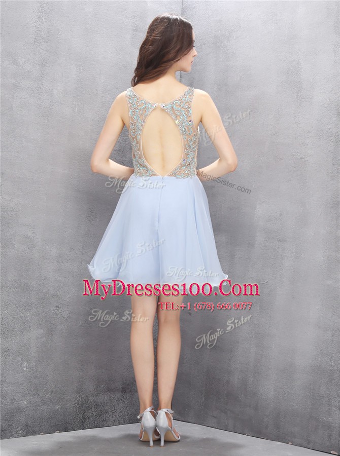 Scoop Light Blue Sleeveless Mini Length Beading and Sequins Zipper Evening Dress