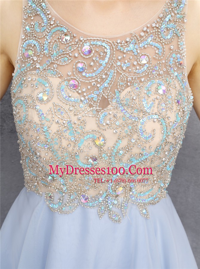 Scoop Light Blue Sleeveless Mini Length Beading and Sequins Zipper Evening Dress