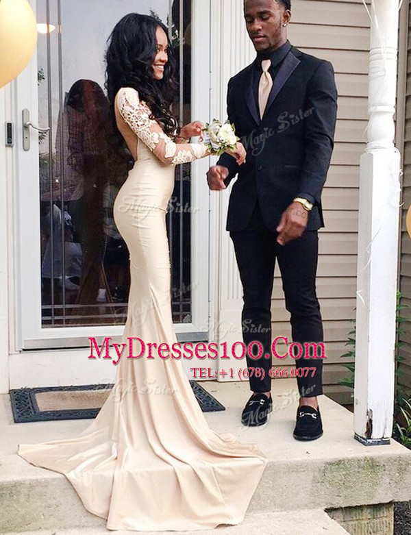 Discount Champagne Mermaid Scoop Long Sleeves Chiffon With Train Watteau Train Backless Appliques Dress for Prom