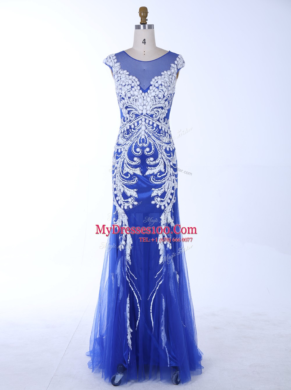 Customized Mermaid Royal Blue Backless Scoop Beading and Appliques Evening Dress Chiffon Sleeveless