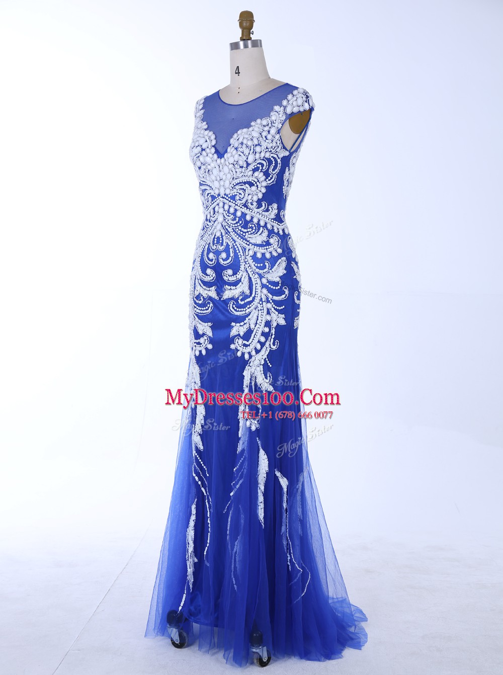 Customized Mermaid Royal Blue Backless Scoop Beading and Appliques Evening Dress Chiffon Sleeveless