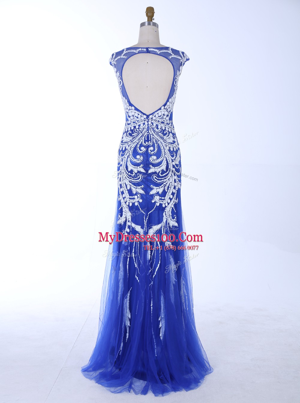 Customized Mermaid Royal Blue Backless Scoop Beading and Appliques Evening Dress Chiffon Sleeveless