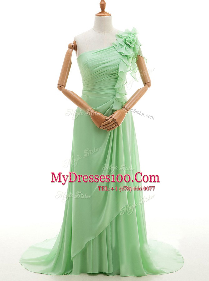 Smart Green Chiffon Lace Up One Shoulder Sleeveless With Train Evening Dress Sweep Train Ruffles and Hand Made Flower