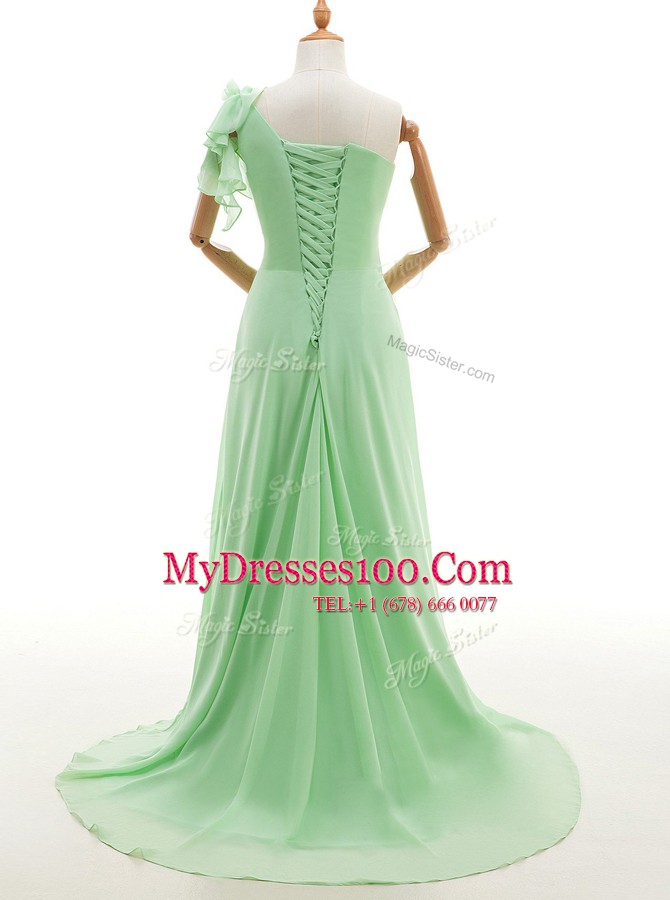 Smart Green Chiffon Lace Up One Shoulder Sleeveless With Train Evening Dress Sweep Train Ruffles and Hand Made Flower