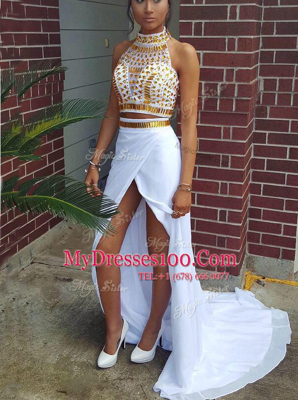 Scoop White A-line Beading Prom Gown Zipper Chiffon Sleeveless